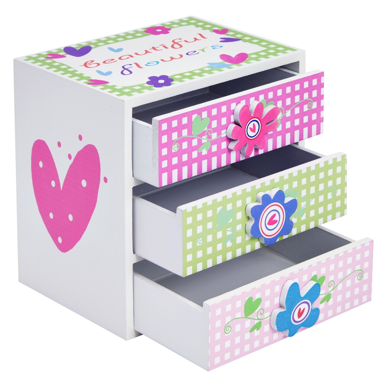 Small Floral Jewelry Box for Little Girls Ages 4-13 - Kids Wooden Organizer with 3 Drawers for Necklaces and Earrings